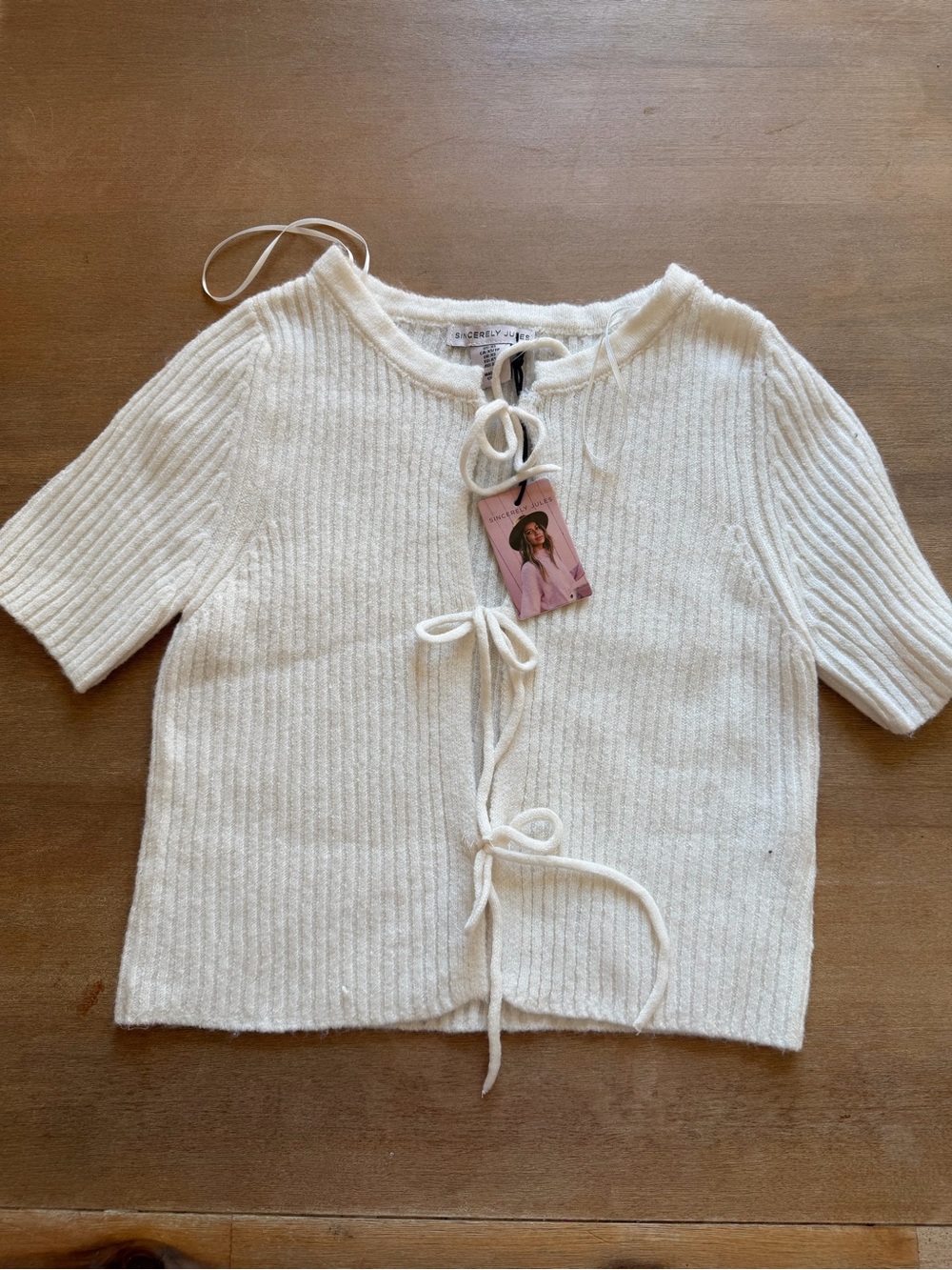 Sincerely Jules Cream Tie-Front Ribbed Short-Sleeve Cardigan